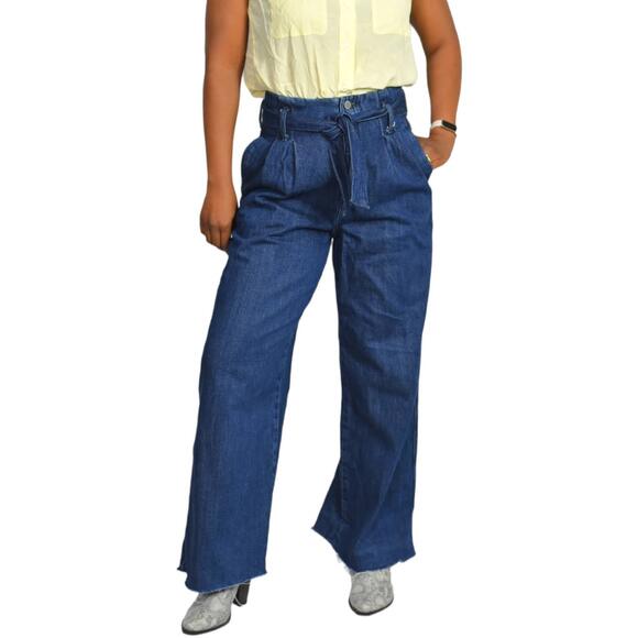 Zara Trouser Jeans Paperbag Waist Belted High Rise Pleated Wide Leg Flare Size 2 - Picture 7 of 15